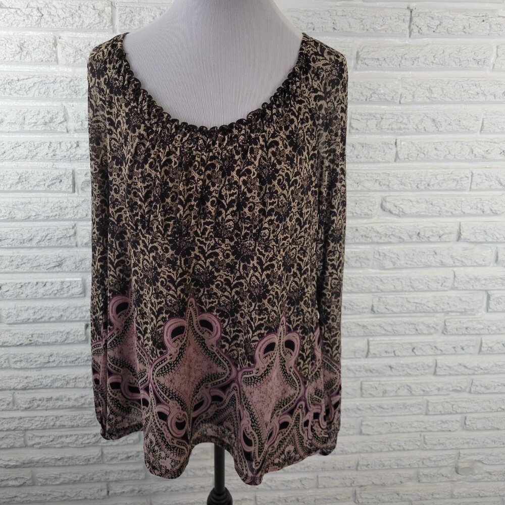Liz Wear XXL Plus Size Top Women's Black Purple Geometric Frilly Neck GEO162E